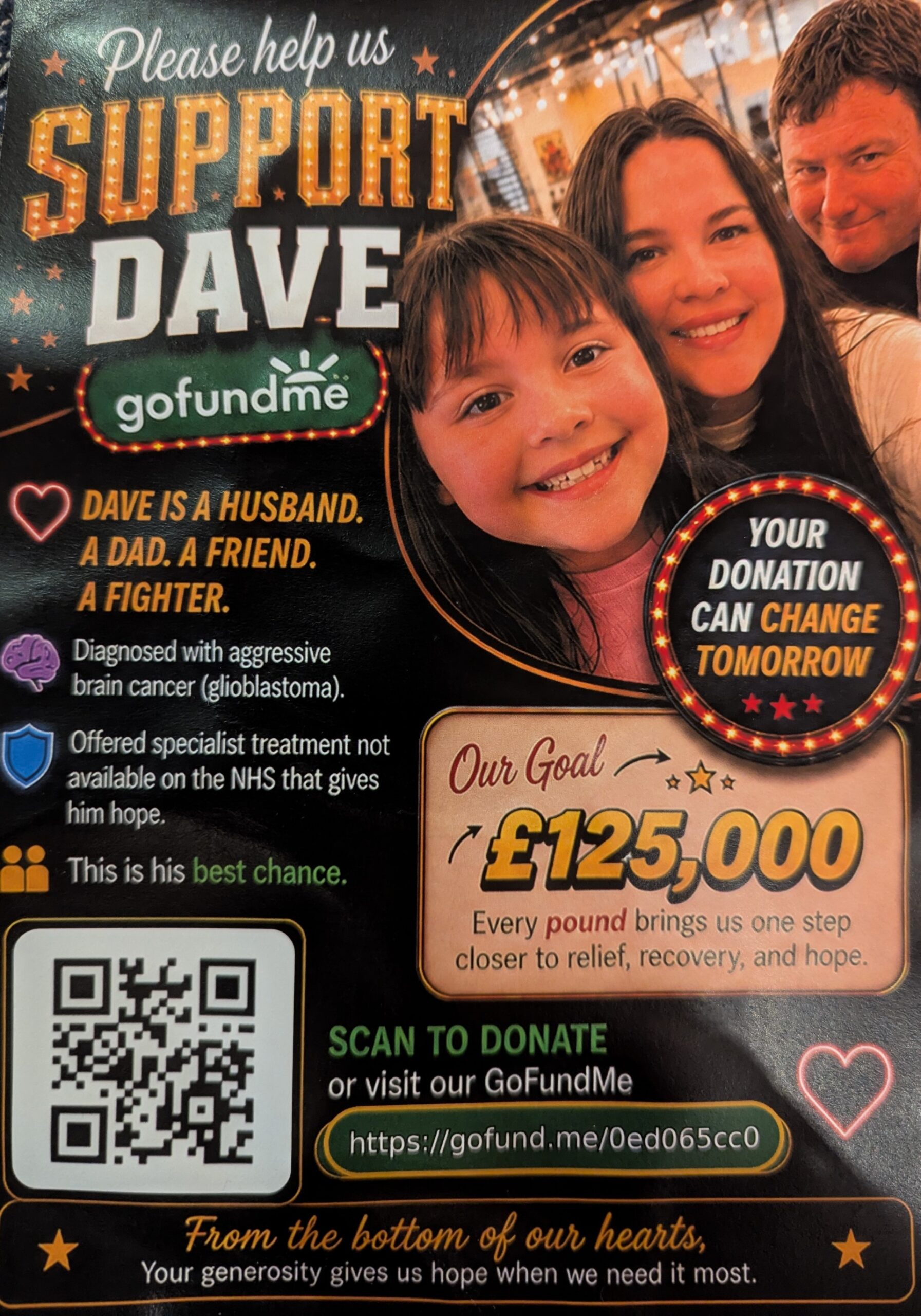 Support Dave fundraiser flyer featuring Dave and his family