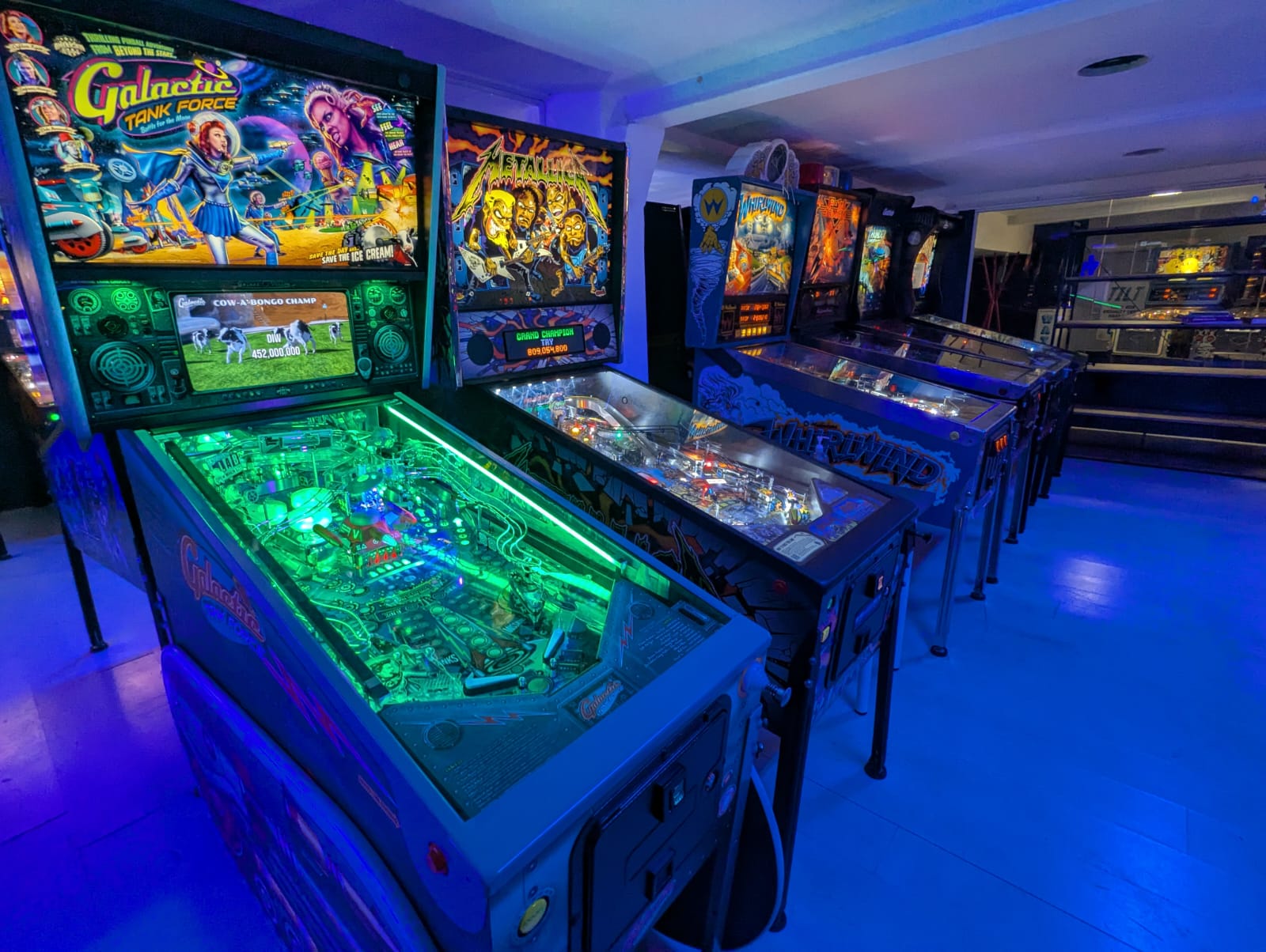 Rows of colourful pinball machines at The Pinball Factory Birmingham