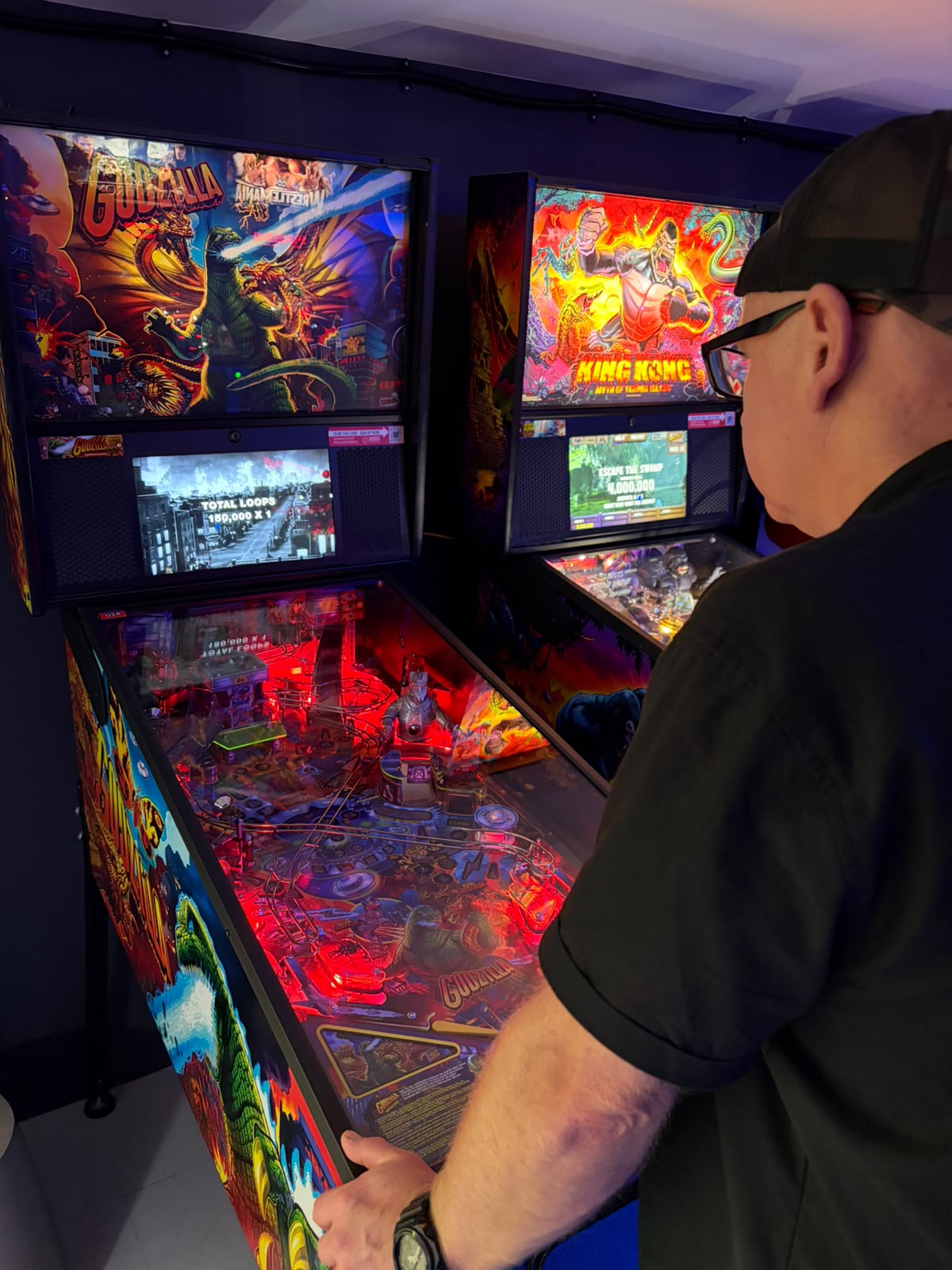 Playing Godzilla pinball during a visit to The Pinball Factory